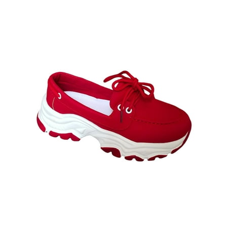 

Oucaili Ladies Loafers Comfort Sneakers Lace Up Casual Shoe Breathable Non-slip Walking Shoes Daily Slip-Ons Red 7
