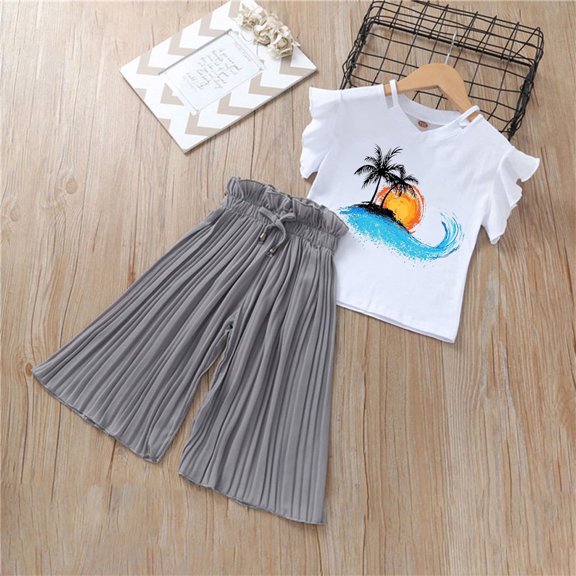 Toddler Kids Girls Clothing Sets Summer Sunflower T Shirt Tops Chiffon Ruched Loose Casual Pants Outfits Children Clothes Breathable Dailywear For Child
