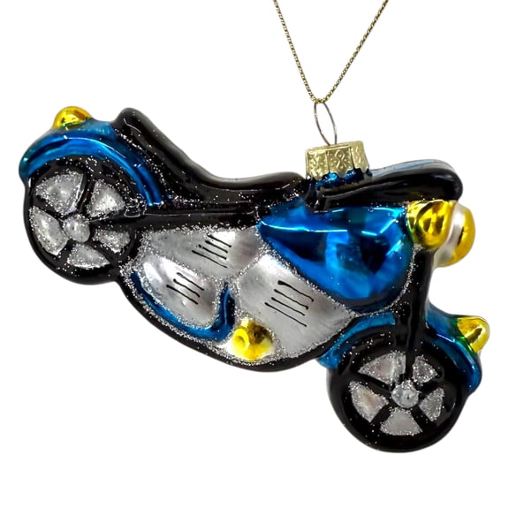 Motorcycle Ornament – Blown Glass Christmas Tree Holiday Decoration, Blue