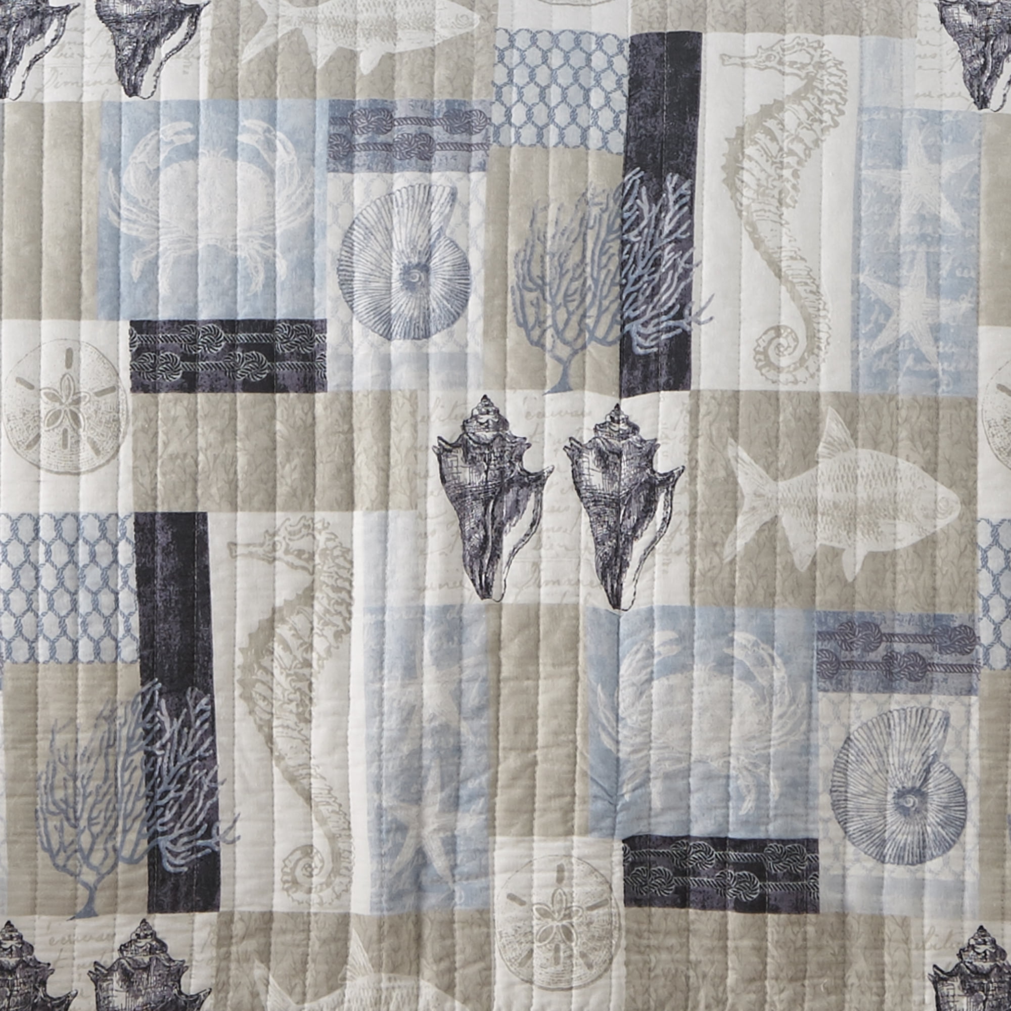 Levtex Home - Cerralvo Full/Queen Quilt Set - Coastal Patchwork - Taupe, Cream, Navy, and Blue - Quilt Set Size 88x92in. and two Shams size 20x26in. - Reversible - Cotton Fabric