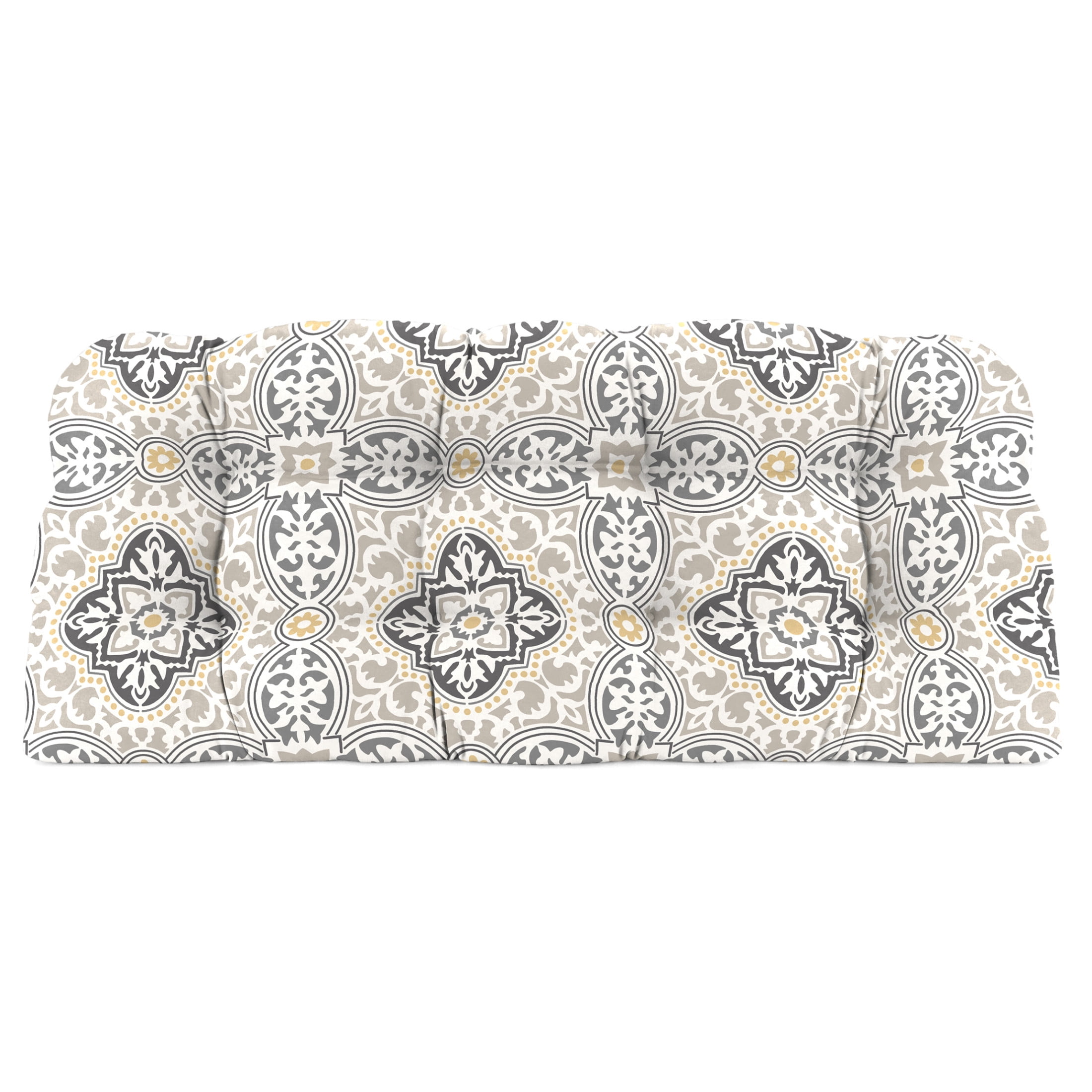 Jordan Manufacturing 44" x 18" Rave Grey Quatrefoil Rectangular Tufted Contoured Outdoor Wicker Settee Bench Cushion