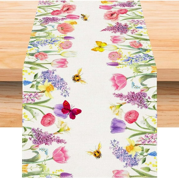 Rdsfhsp Linen Watercolor Tulip Lavender Bee Spring Table Runner 13x72 Inches Long Spring Summer Flower Floral Home Kitchen Dining Room Table Decorations