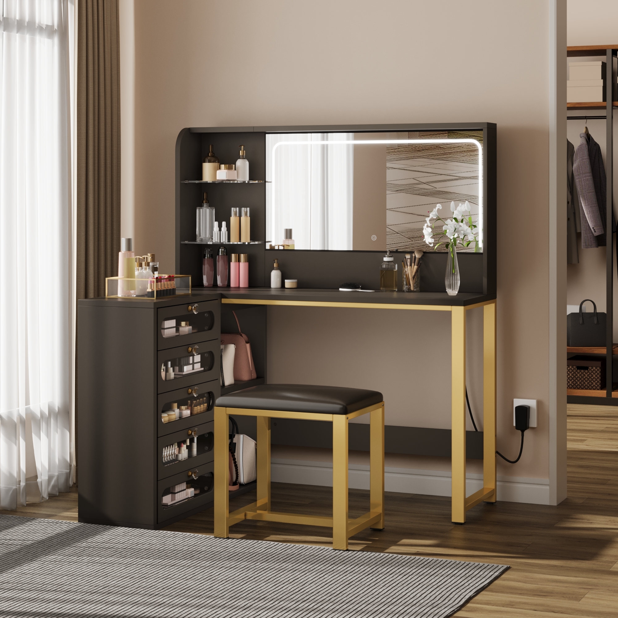 Uforic Black Corner Makeup Vanity Desk Set with Stool, LED Mirror, Glass Drawers