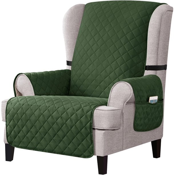 CHUN YI Reversible Wing Chair Slipcovers with Elastic Band and Side Pocket (Green)