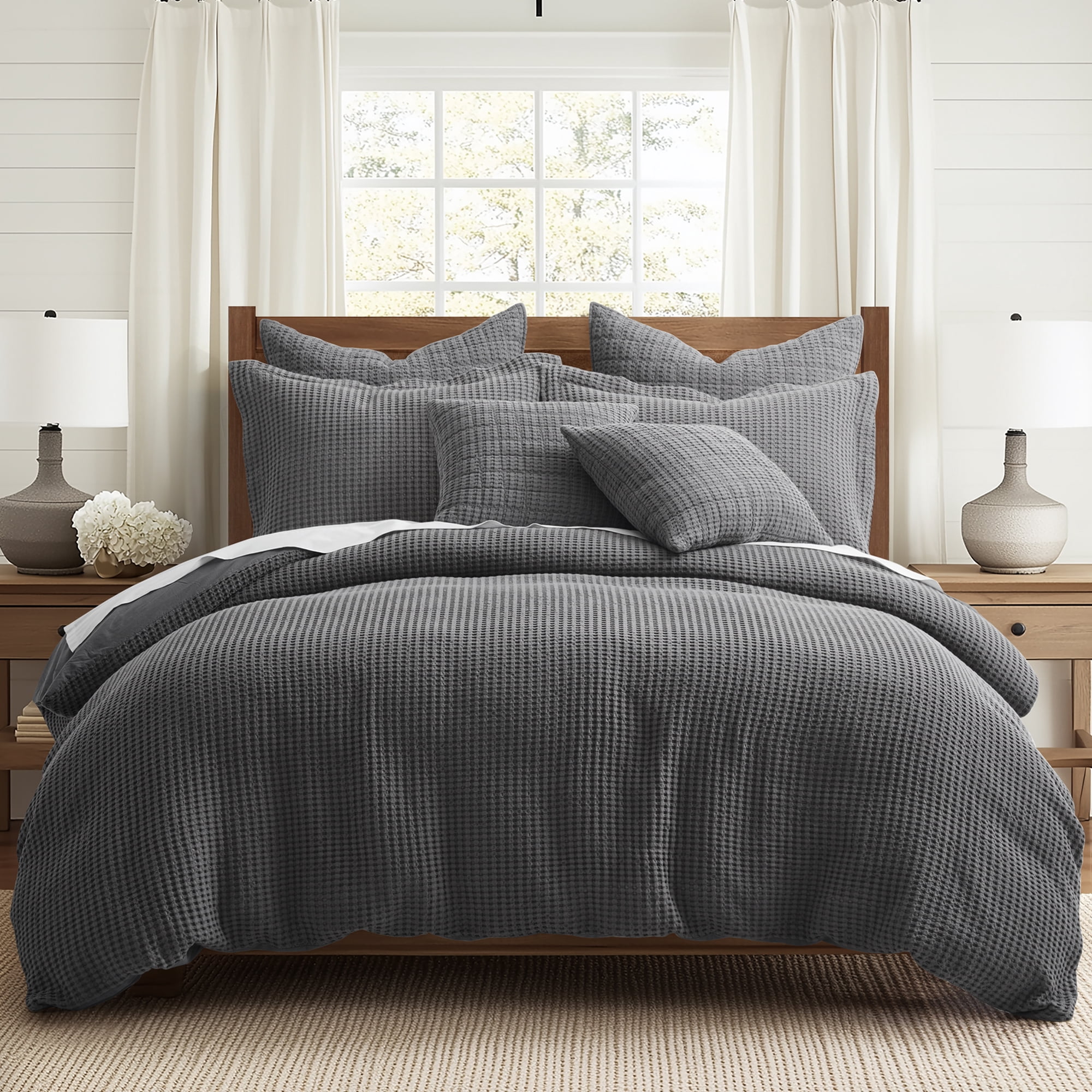 Levtex Home - Mills Waffle Charcoal Duvet Cover Set - Twin Duvet Cover + Two Standard Pillow Cases - Charcoal Waffle Weave - Duvet Cover (68 x 88in.) and Pillow Case (26 x 20in.) - Cotton