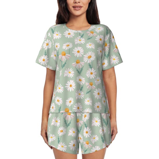 Fotbe Daisies Flowers Conjunto de Pijama Estampado para Mujer, 2 Piezas, Ropa de Dormir con Camiseta de Manga Corta y Shorts Suaves-Small