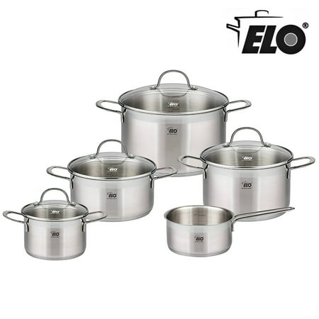 ELO 9-Piece Collection 18/10 Stainless Steel Kitchen Induction Cookware Pots and Pans Set with Shock Resistant Glass Lids and Integrated Measuring