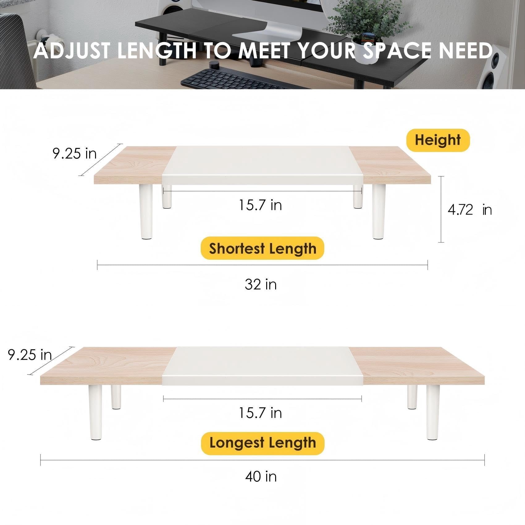 Dual-monitor-stand-riser-for-desk Adjustable Length 32-40 Inch Large Desktop Computer Monitor Riser For 2 Screens Desk Shelf Organizer Stand Computer/laptop/pc/printer/tv Black