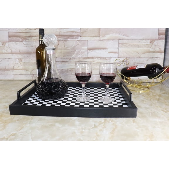 Living Room Coffee Table Decorative Tray, Food Service Tray, Leather Ottoman Tray, with Metal Handles 16.5 x 12.6 in (Black and White Grid)