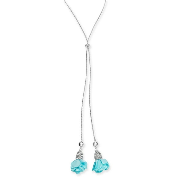 INC Fabric-Flower 37" Lariat Necklace, Silver/Blue - NEW
