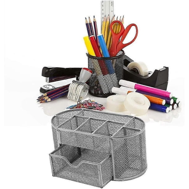 Pen Holder Metal Desk Organizer Office Supplies with 9 Compartments 1 Drawer Silver