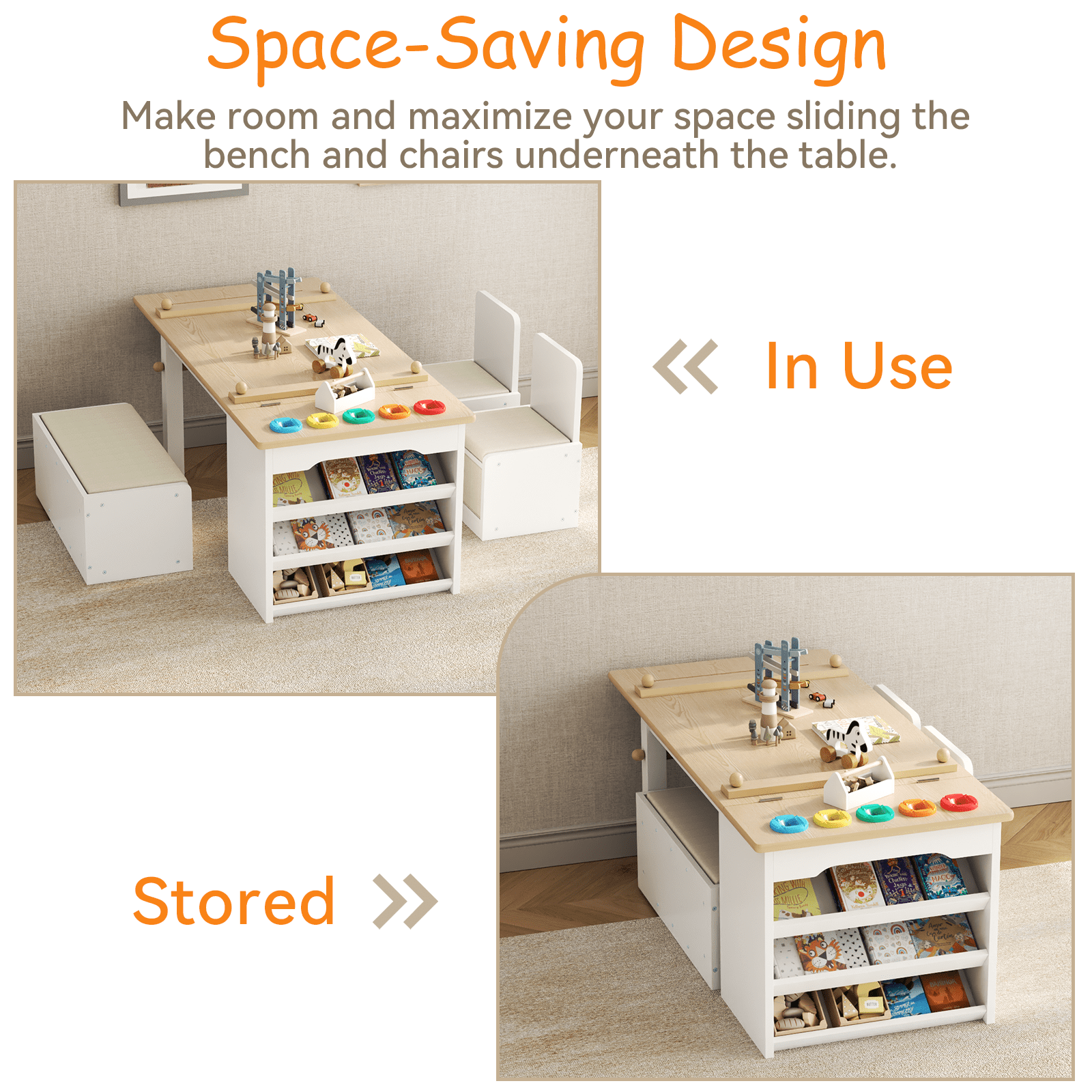 3 in 1 Kids Art Table and Chair Set, Art Desk with Storage Shelves and Drawers, Art Easel with Paint Cups, Paper Roll, Toddler Table and Chair Set w/ Bench & 2 Chairs for Draw, Write, Play, Crafts