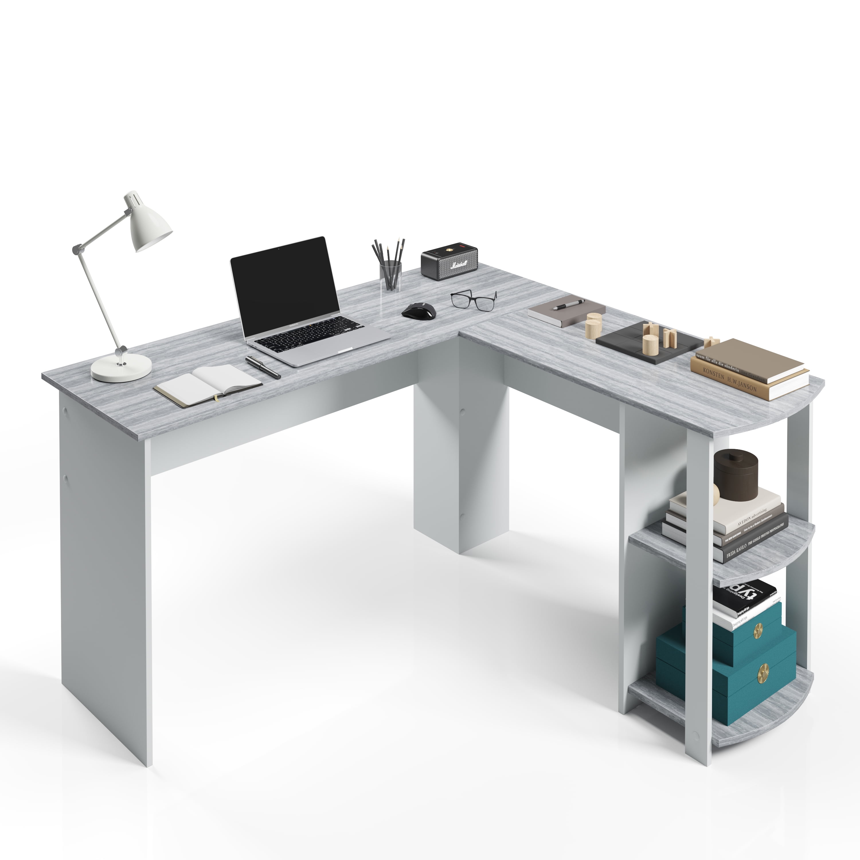 Techni Mobili Modern L-Shaped Desk Grey Side with Shelves