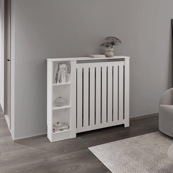 , Radiator Cover Cabinet Joseph with Slatted Frame and 3 Shelves, Decorative Heater Cover, Modern Furniture Accent, White, White ,Particle Board ,