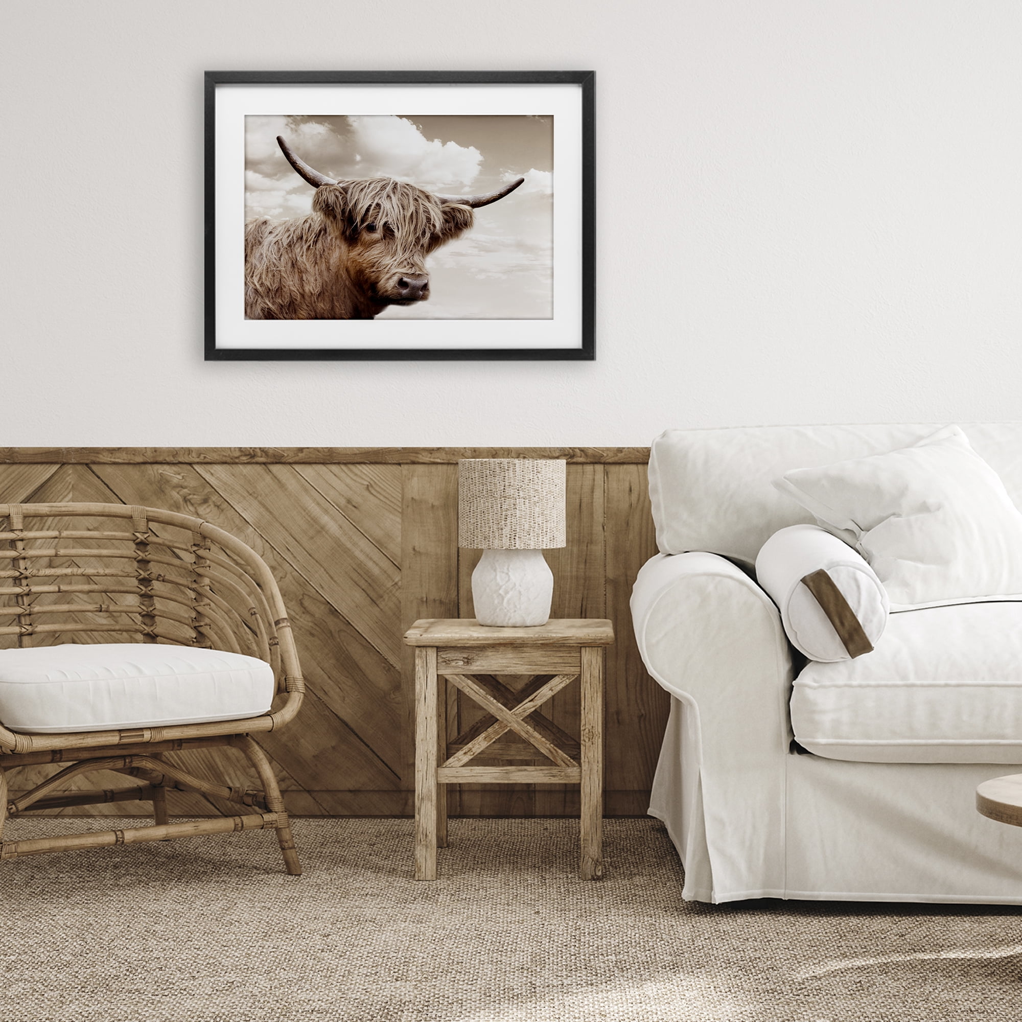 Stupell Industries Shaggy Highland Cow & Clouds Black Framed Print Under Glass, design by CAD Designs