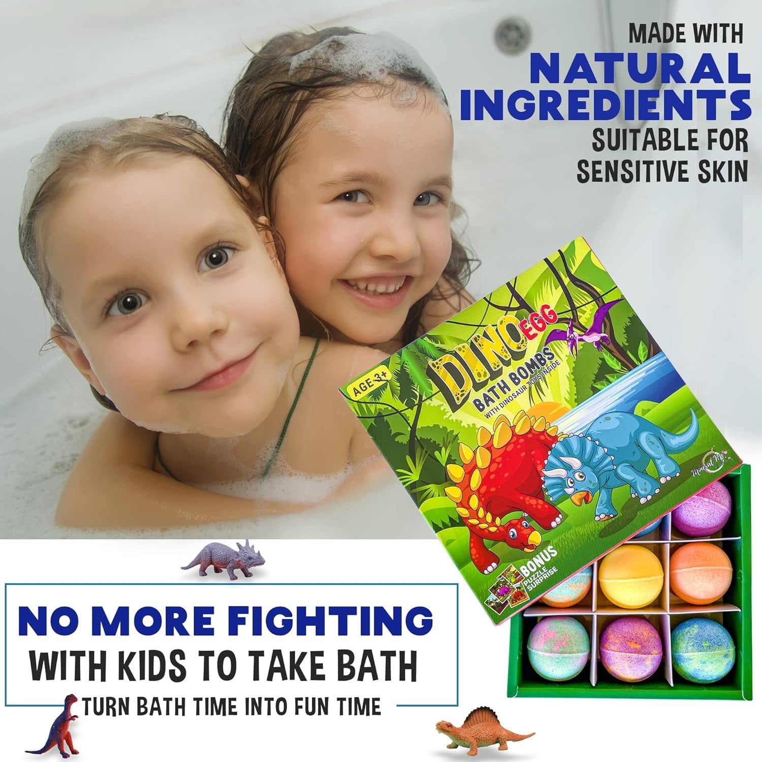 Mineral Me Bath Bombs for Kids with Toys Inside Plus Dinosaur Puzzle - Set of 9 w/ Mild Fruity Scent