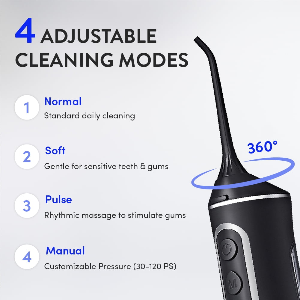 Éclat Portable Electric Waterproof Water Flosser for Deep Teeth Cleaning - 300ML Tank, USB-C Rechargable, Long Lasting 30 Day Charge, 4 Accessories Included BPA Free (Black)