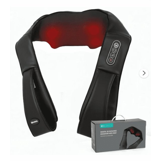 Neck and Shoulder Massager, 3D Deep Tissue Kneading Shiatsu Massager with Heat, Black. The massager features 8 bi-directional rotating nodes for deep tissue kneading, a built-in heating function for muscle relaxation, and an ergonomic design for use on the neck, shoulders, back, legs, and more. It includes a control panel with adjustable speed settings and a 20-minute auto-off feature for safety. The black massager is shown with glowing red heat nodes and comes with a branded box.