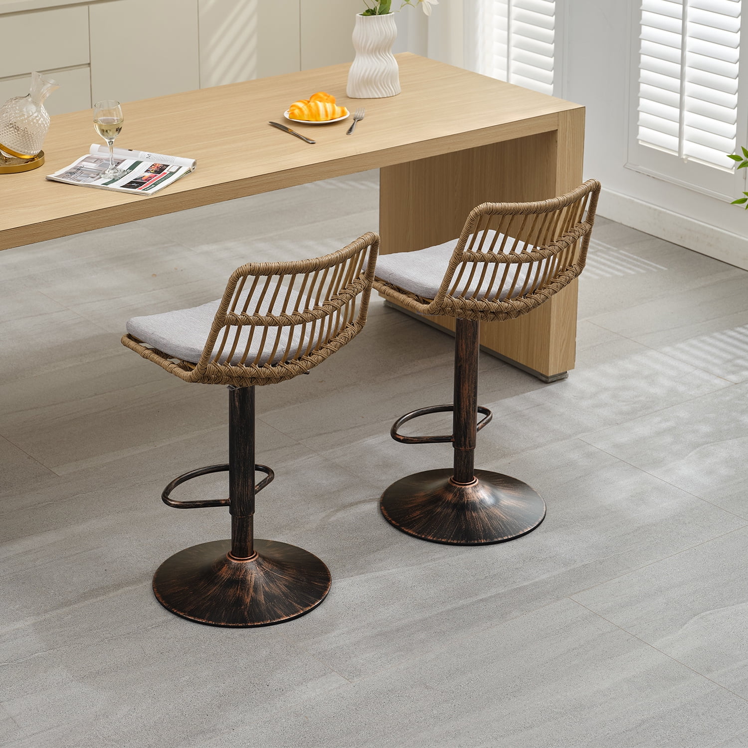 Demi Bonn 35" Counter Height Bar Stools Set of 2, Rattan Swivel Barstools with Back, Kitchen Island Countertop Chairs for Dining Room, Gray