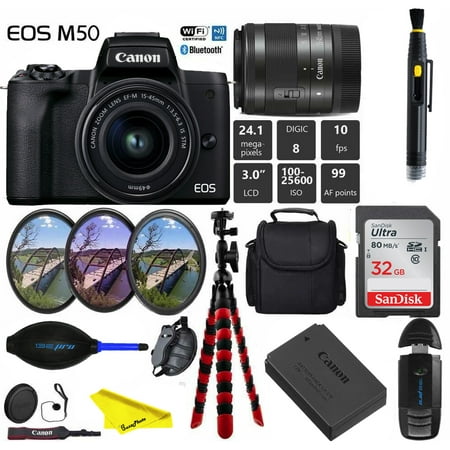 Canon EOS M50 Mark II Mirrorless Digital Camera with 15-45mm Lens (Black) + Buzz-Photo Bundle