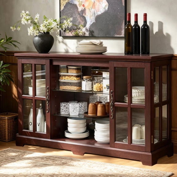HIUU 53" Sideboard Buffet Cabinet with Full-Color RGB Light Strip & Vintage Handles,Farmhouse Sideboard Buffet Cabinet with Open 2-Tier Adjustable Shelves for Living Room(Walnut/Cherry)