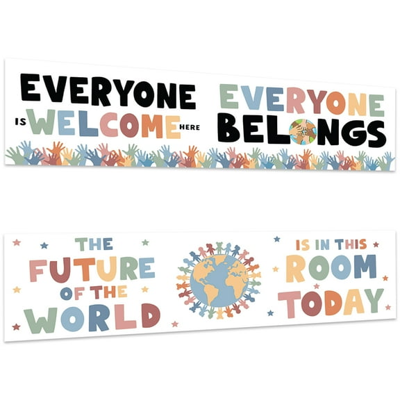 Koyal Wholesale Everyone Is Welcome Classroom Banner Sign for Teachers, Door, Wall Decor Boho Rainbow, 2-Pk