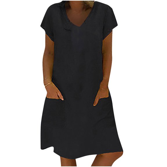 CENGNIAN Women Summer Casual Wrap Belt Hem Swing Sun Dress Summer Casual Solid V-Neck Short Sleeve Loose