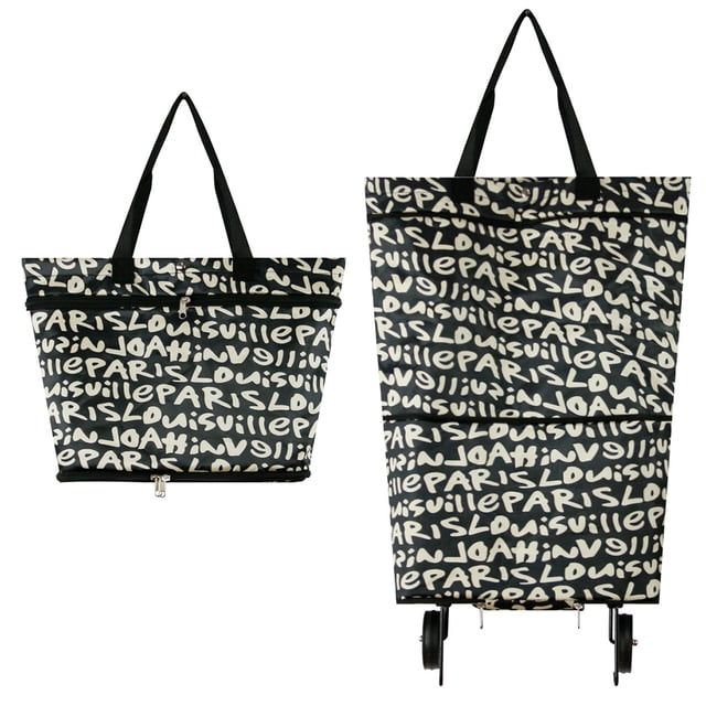 Minnieouse Bolsa con carrito de compras, bolsa de compras plegable multifuncional y resistente al desgaste con ruedas reutilizable Bolsas de mensajero y de hombro impresión de letras