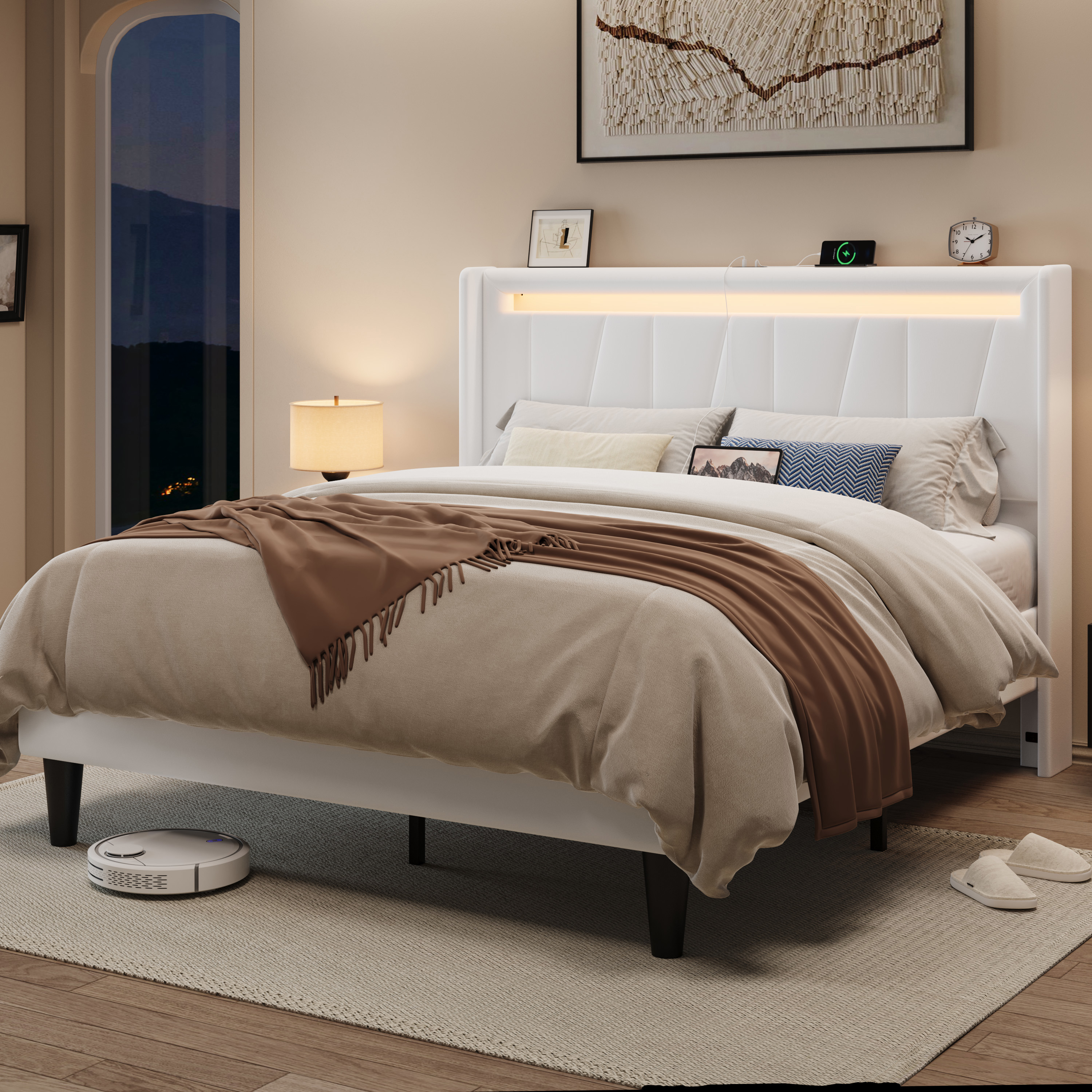 Allewie Queen Size LED Bed Frame with Charging Station, Velvet Upholstered Platform Bed with Geometric Wingback Headboard, White