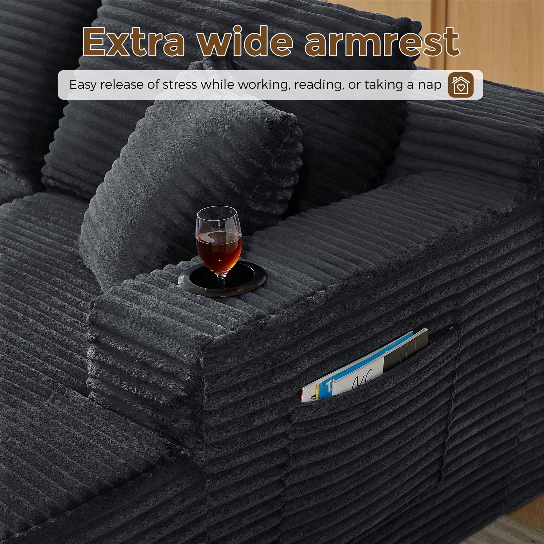 Aukfa 133" Cloud Sectional Sofa Oversized Boneless Couch Modular U-Shaped Couch, Double Chaise Corduroy Sofa for Living Room, Dark Gray