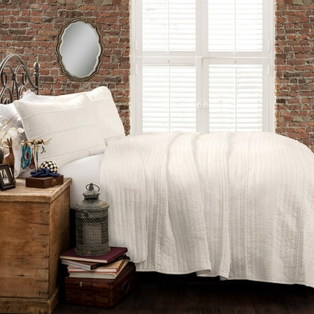 Lush Decor Pom Pom Stripe Cotton Quilt, King, White, 3-Pc Set