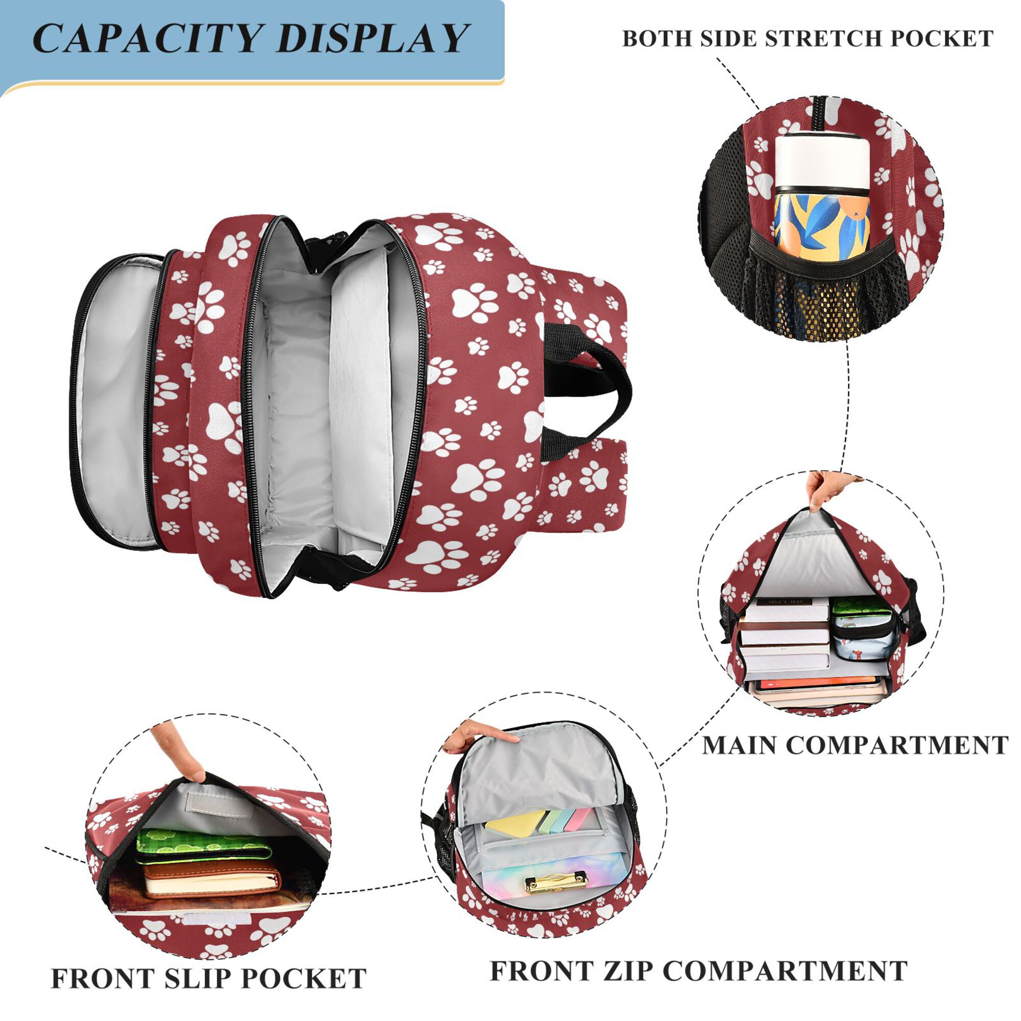 Mochila para niños para la escuela unisex 17" casual con compartimentos, estampado rojo de patitas de dibujos animados 3