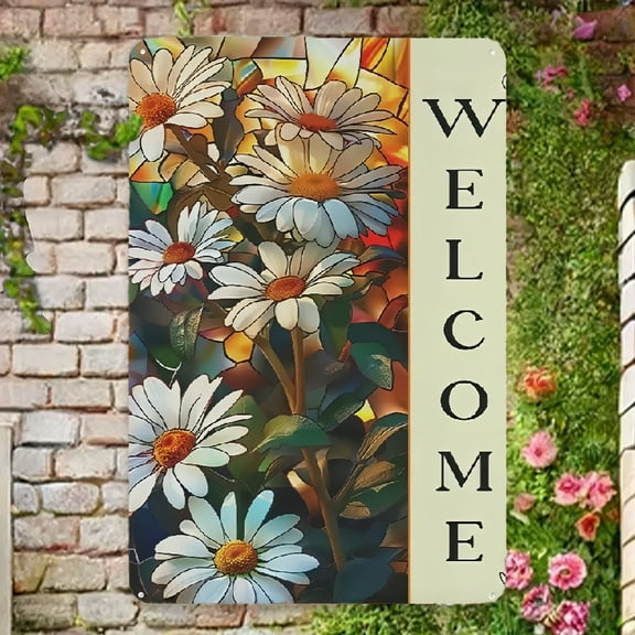 2D Flat 1pc Welcome Spring Summer Beach Metal Sign, Daisy Flower Print Buffalo Plaid, Home Yard and Lawn Decor, 12x8 inch