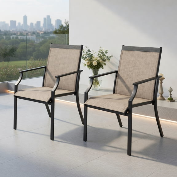 Topcobe 2 Piece Patio Dining Chairs Large Outdoor Chairs with Breathable Seat and Metal Frame, Outdoor Patio Furniture for Garden Backyard Pool Deck-Brown