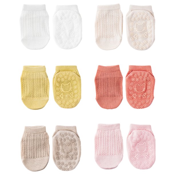 6 pares de calcetines de agarre para bebé, calcetines antideslizantes de malla fina para niños pequeños, calcetines antideslizantes con ojales, calcetines tobilleros Unisex para niña y niño