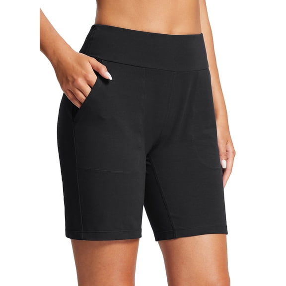 BALEAF 8" Bermuda Long Shorts for Women Cotton Athletic Sweat Tummy Control Casual Lounge Summer Black L