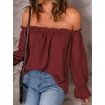 thumbnail image 4 of Women'S Off Shoulder Top Ruffle Long Sleeve Chiffon Blouse Casual Loose Shirts Wine Red XXL, 4 of 7