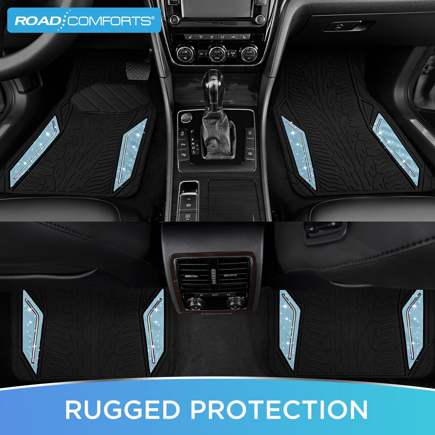 Road Comforts Glitter Car Floor Mats, Glitter Rubber Floor Mats Full Set,Shiny Sparkle Design, Universal Fit, Easy to Clean, Anti-Slip Protection Blue
