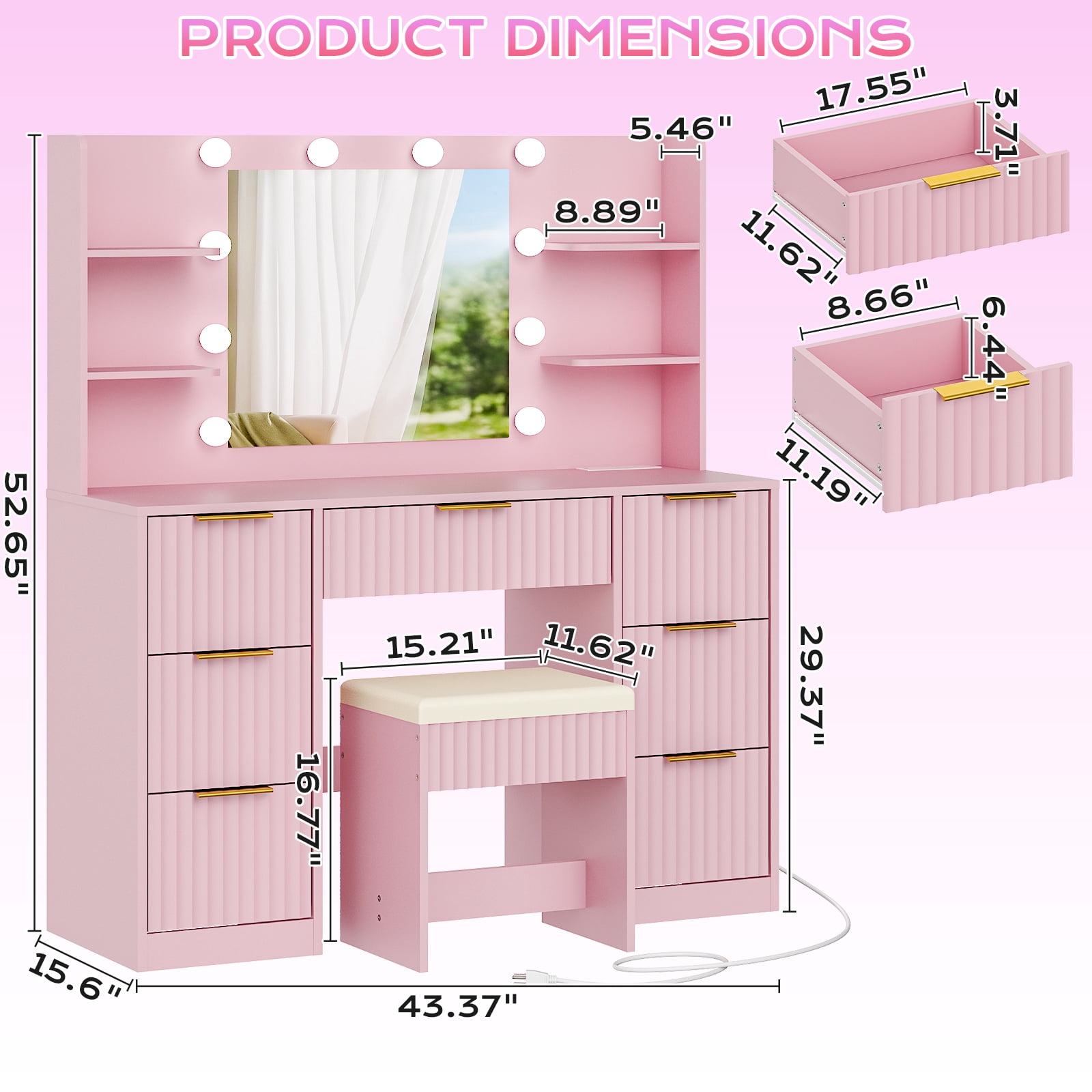 Zimtown Lighted Makeup Vanity Desk with Mirror and Charging Station, Vanity Table with 7 Drawers & 4 Storage Shelves for Dressing Room Bedroom, Pink
