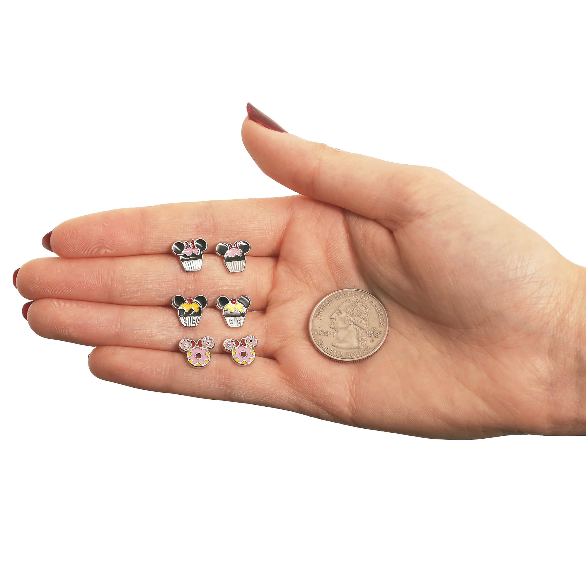 Disney Mickey and Minnie Mouse Fashion Stud Earring - Cupcakes and Donut, Silver/Pink - 3 pairs