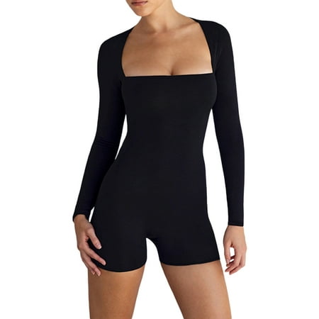 

FSDJHSDH Women Long Sleeve Jumpsuit Square Neck Romper Bodycon One-Piece Bodysuit Playsuit