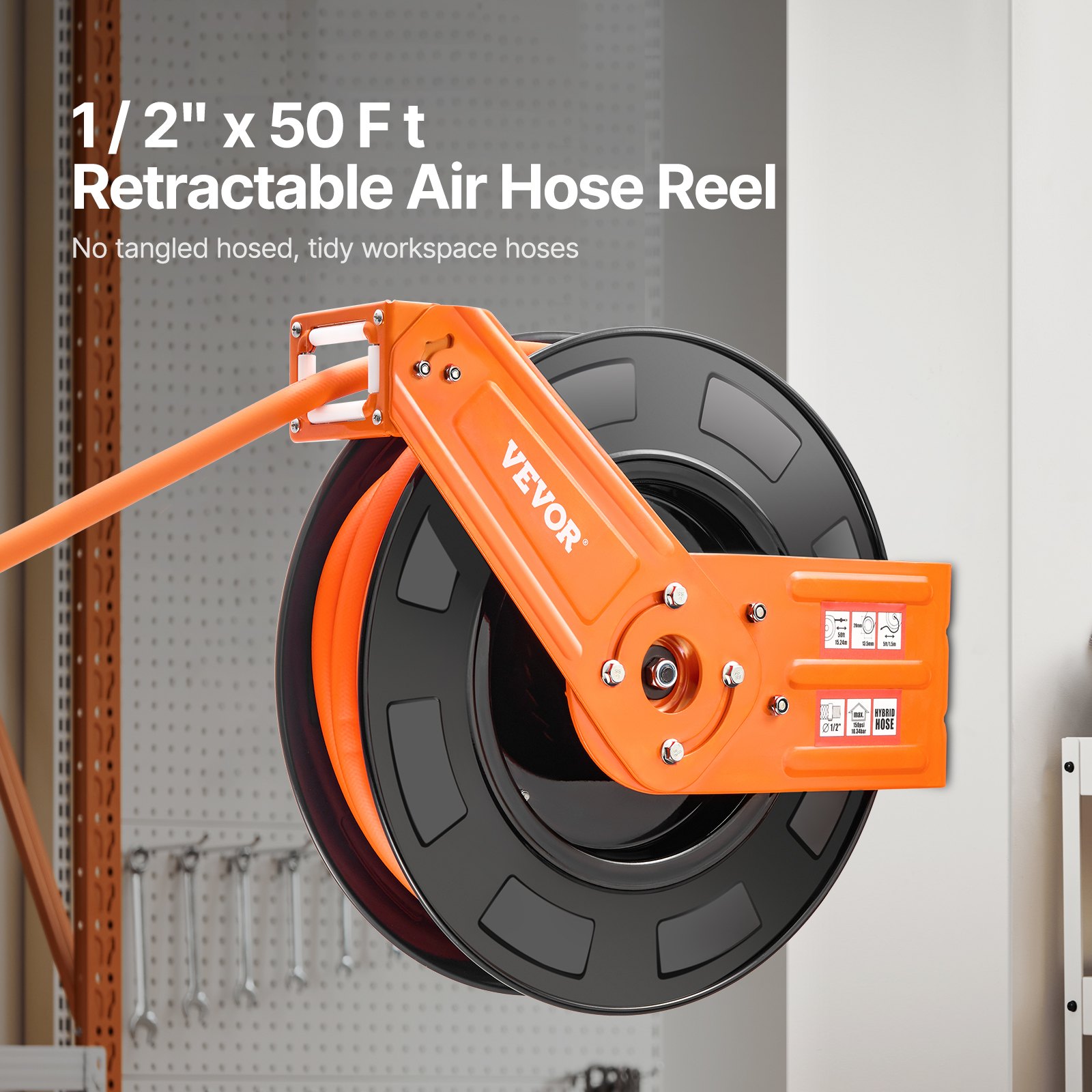 VEVOR Retractable Air Hose Reel, 1/2 IN x 50 FT Hybrid Air Hose Max 300PSI, Air Compressor Hose Reel Auto-Rewind with 5FT Lead in, Ceiling/Wall Mount Heavy Duty Single Arm Steel Reel, 1/2" NPT Fittin