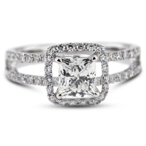 Princess Cut Halo Engagement Ring, 14K White Gold Plated, Elegant Split Shank Wedding Ring, 1.6 Ct Simulated Diamond, Promise Diampnd Anniversary Ring For Her