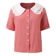 thumbnail image 6 of Tank Tops for Women Button Down Plaid Print Lace Collar Short Sleeve Y2K Tops,Red,3XL, 6 of 9