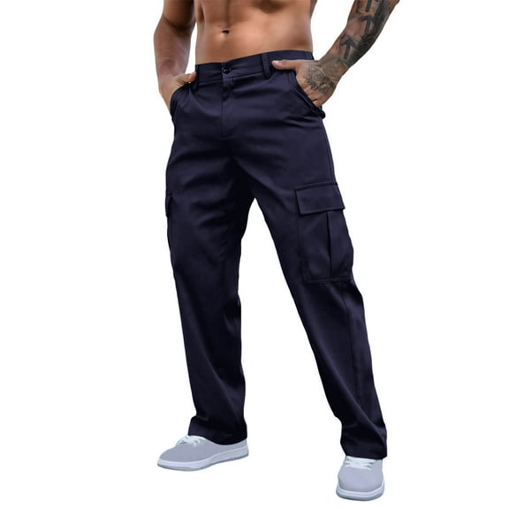 Cargo Pants for Men Trendy Casual Pockets Workwear Trousers Outdoor Button Waist Straight Leg Trendy Pants (Navy,XL)
