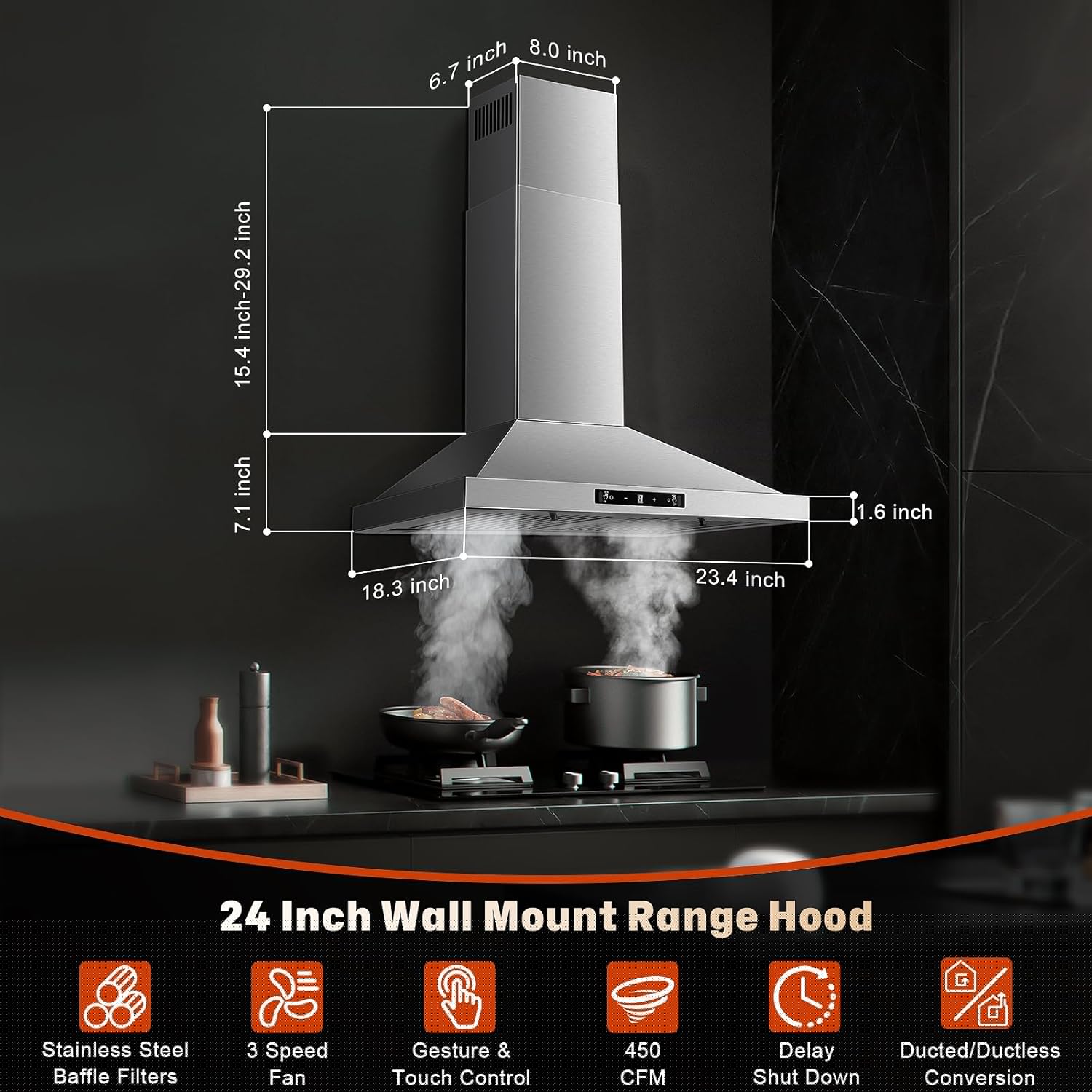 Joeaonz 24-Inch Wall Mount Range Hood Stainless Steel with Filters, 450 CFM, 120V, Touch Gesture Control, 3-Speed
