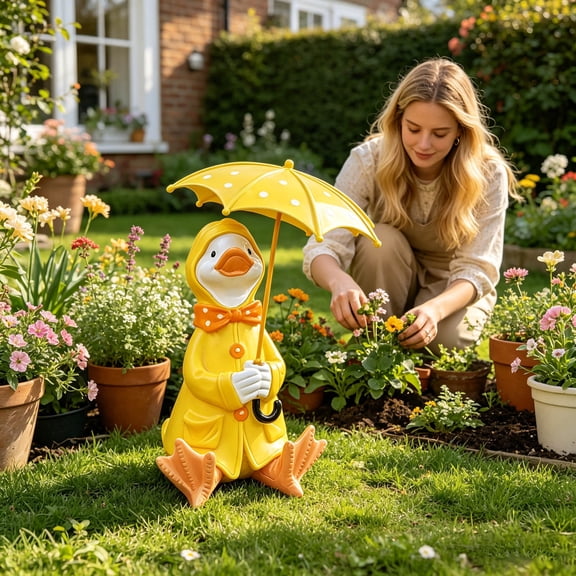 Whimsical Quacking Resin Garden Statue, Weatherproof Waterfowl Sculpture Ornament for Yard Patio Indoor Tabletop Decor