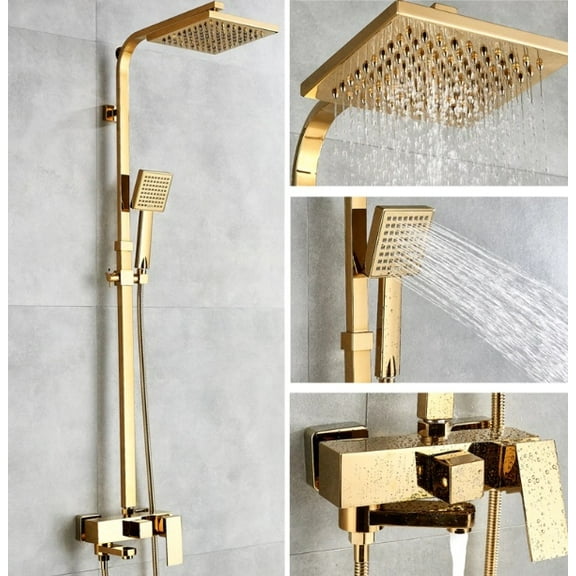 Juno Square Gold Polish Luxury Relaxation Single Handle Wall Mount Shower with Hand-Held Shower