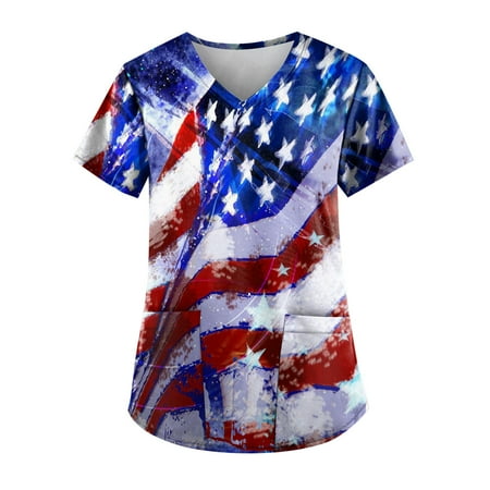 

Sksloeg Women Scrub Tops Red White Blue Star Stripe Printed Patriotic Top V-Neck Workwear Short Sleeve T-Shirts with Pockets Nursing Working Uniform Blue S
