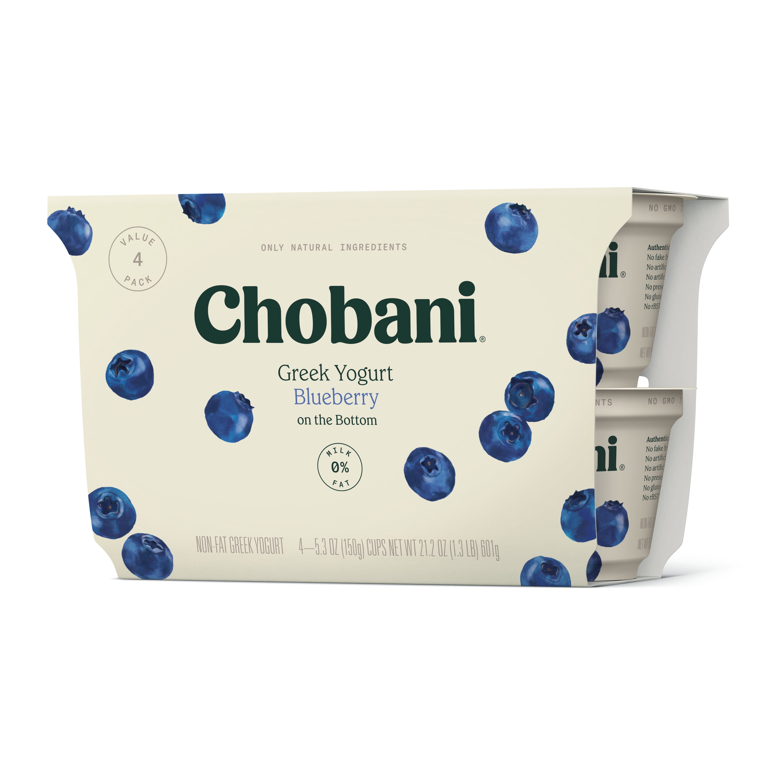 Chobani Non-Fat Greek Yogurt, Blueberry on the Bottom 5.3 oz, 4 Count